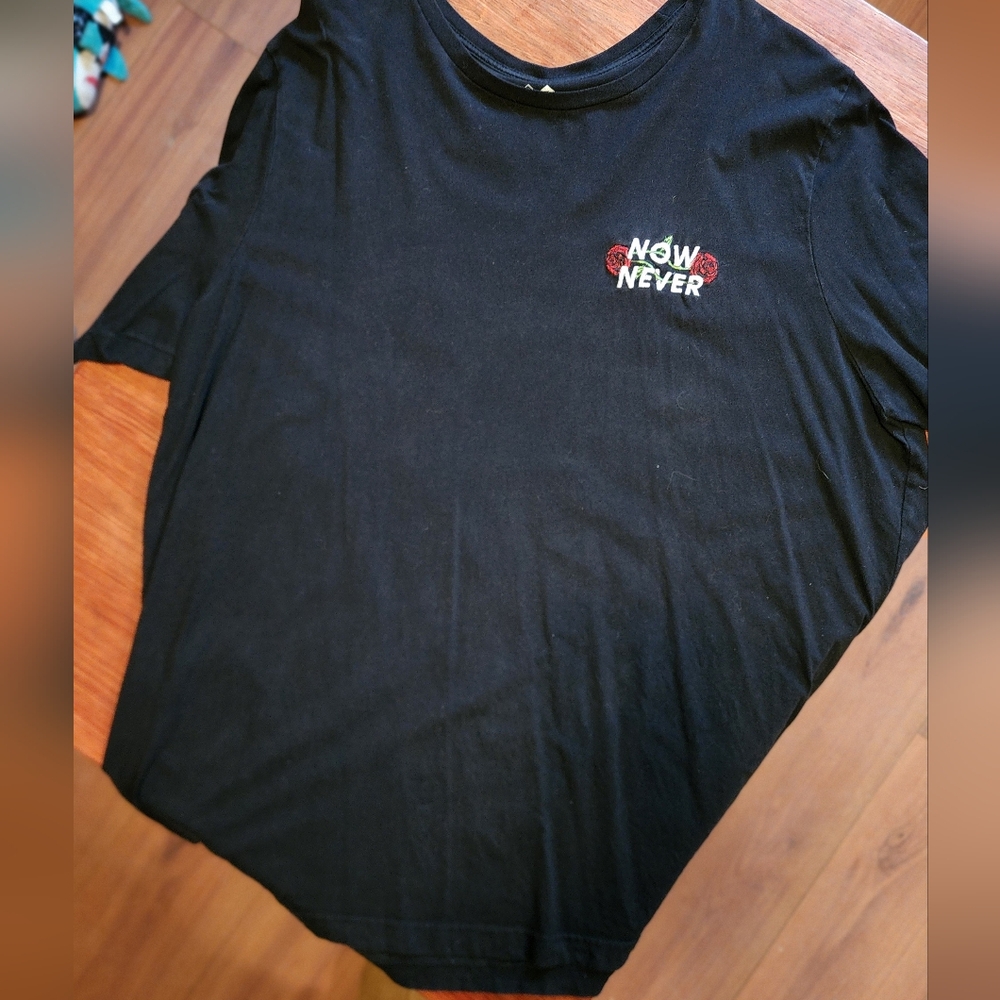 Black Graphic T-Shirt with Red and White Design